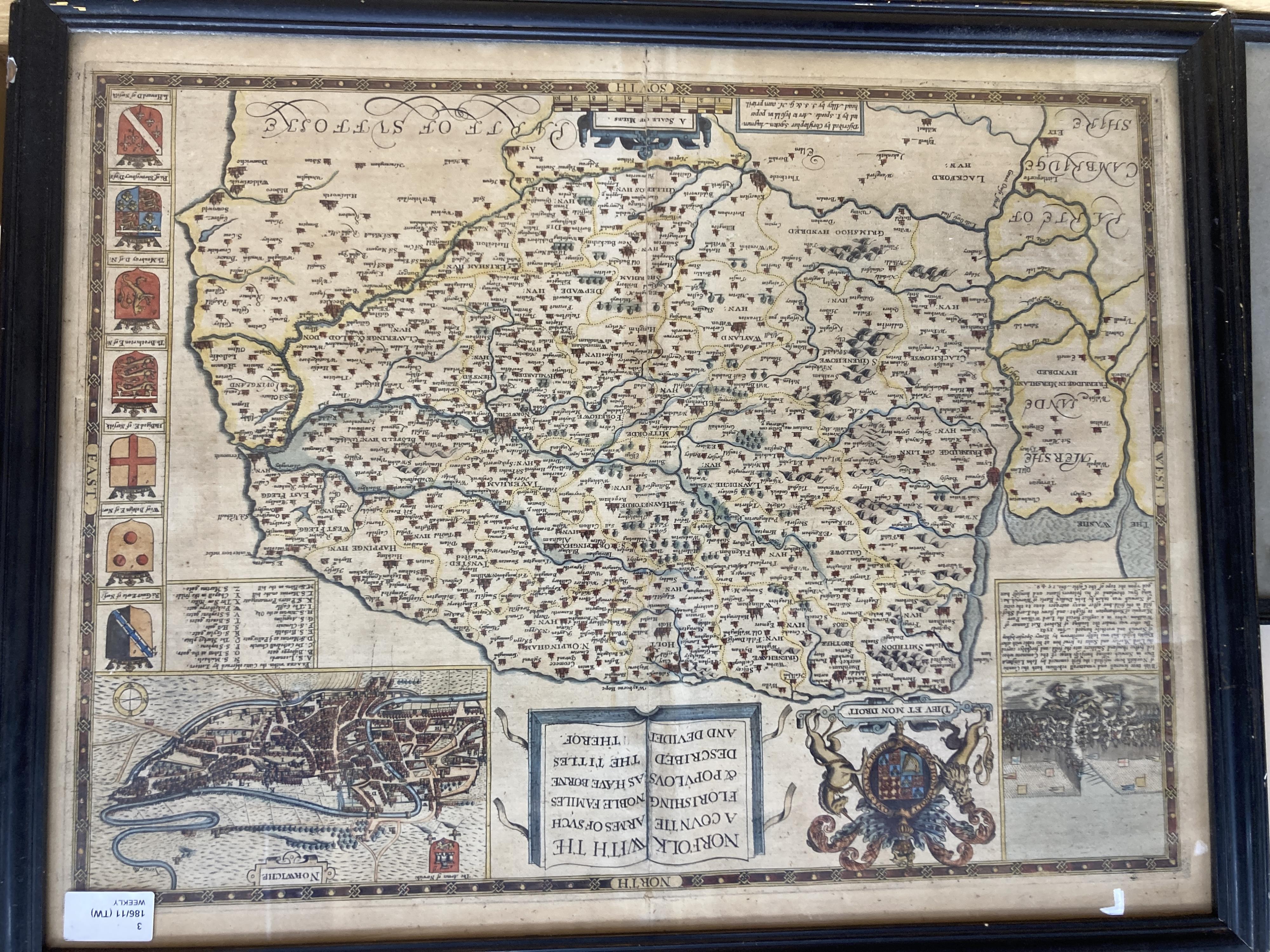 Christopher Saxton and John Speed, Norfolk, hand-coloured engraved map with a plan of Norwich, 1631 or later and two smaller maps